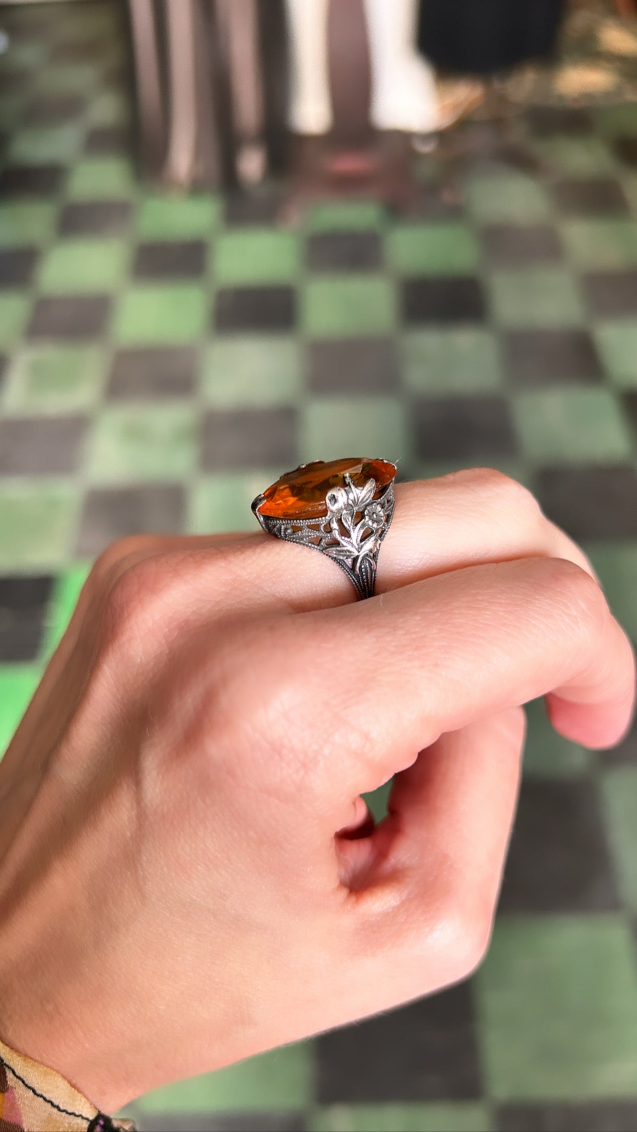1890s Victorian Antique Art Nouveau Citrine Glass Sterling Silver Ring - size 6