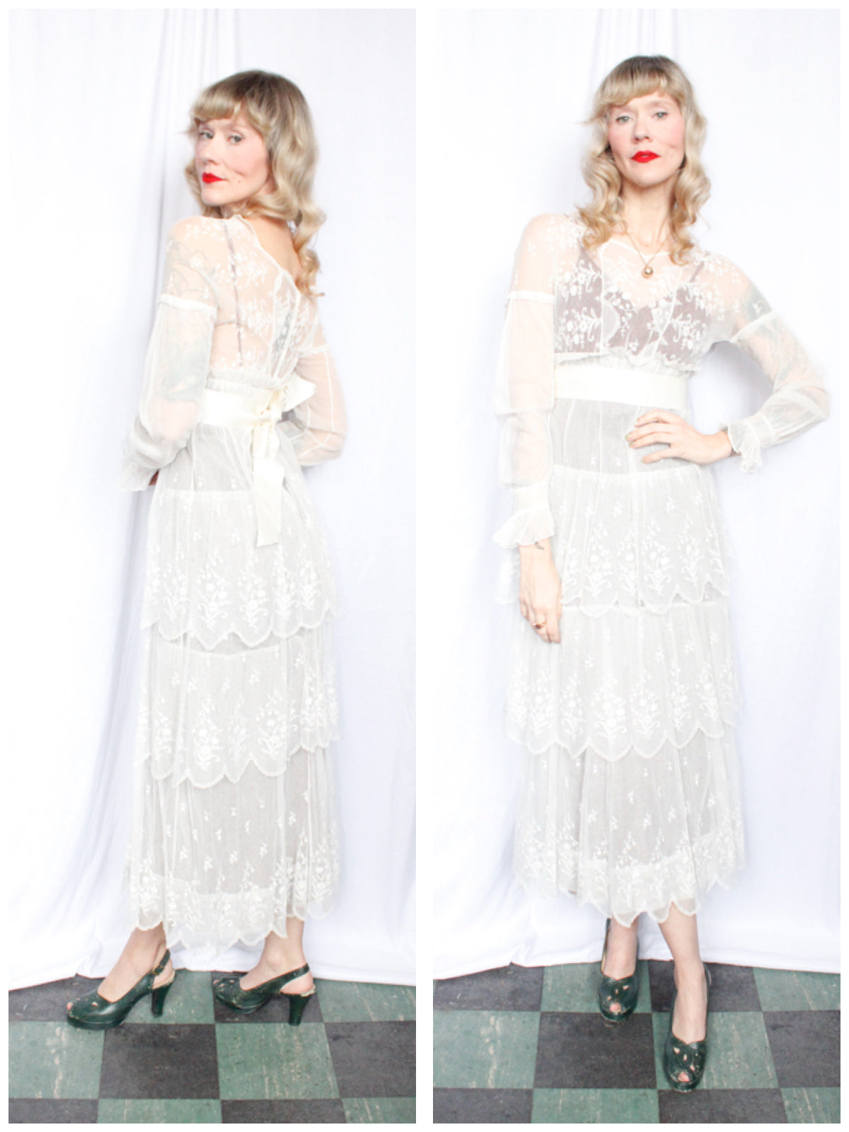 Edwardian Lace Tulle Tiered Sheer Wedding Dress - Small