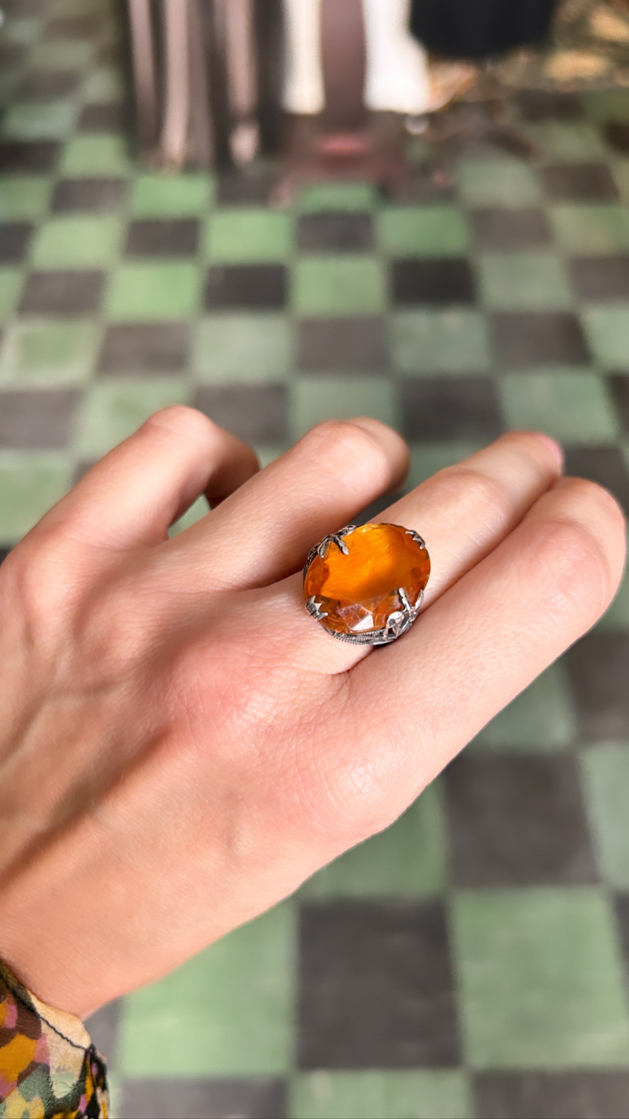 1890s Victorian Antique Art Nouveau Citrine Glass Sterling Silver Ring - size 6