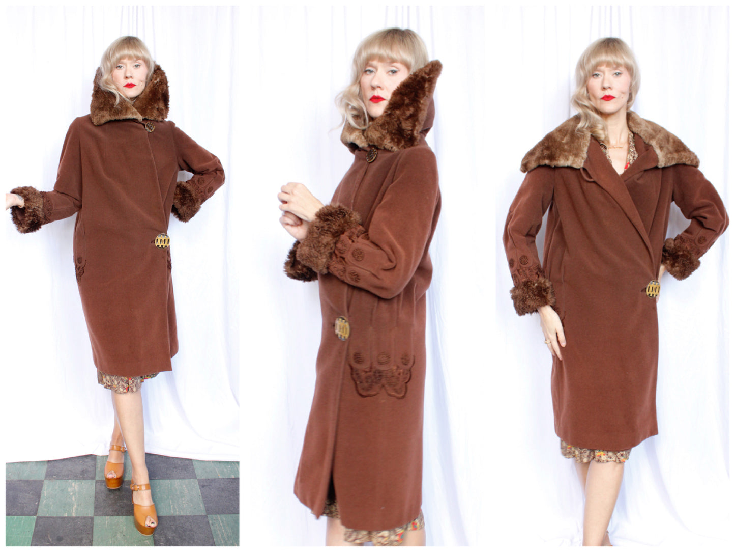 1920s Cocoon Wool Brown Deco Coat with Fur Collar & Cuffs - S/M