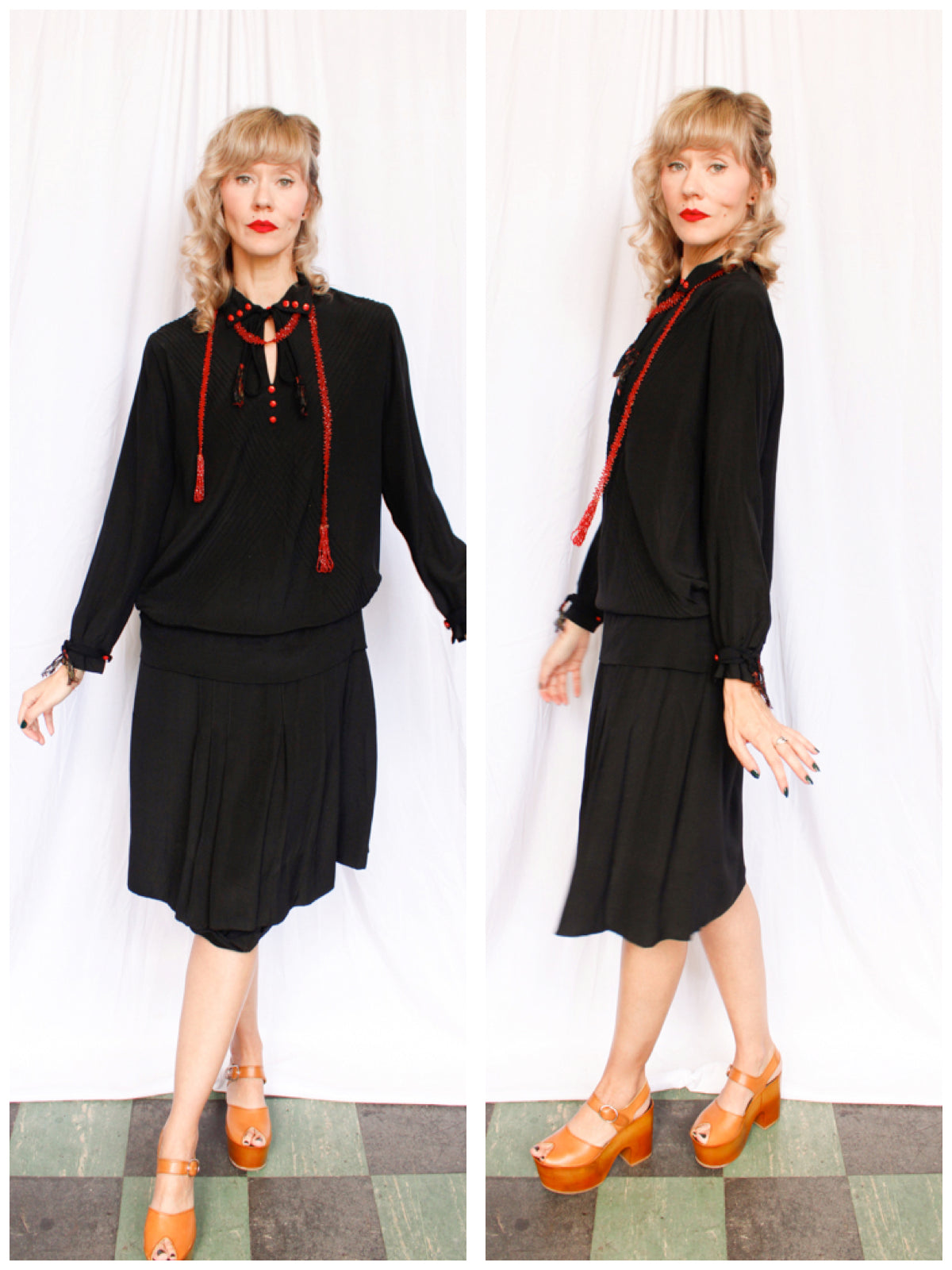 1920s Ada Black Silk Dress with Red Buttons - Medium