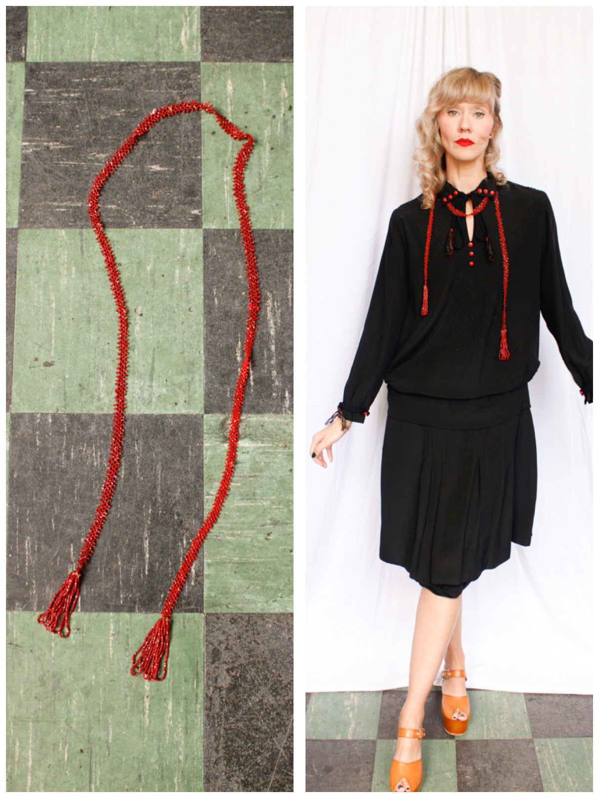 1920s Red Beaded Flapper Lariat Necklace