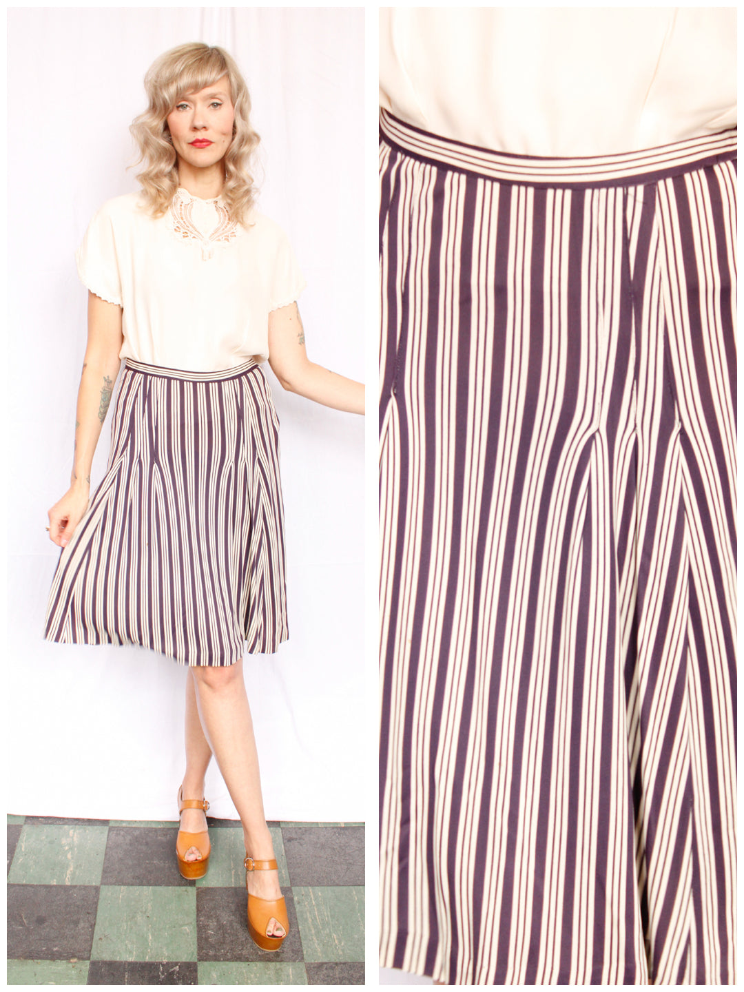 1930s Nylon Jersey Navy & Cream Striped Skirt - Medium