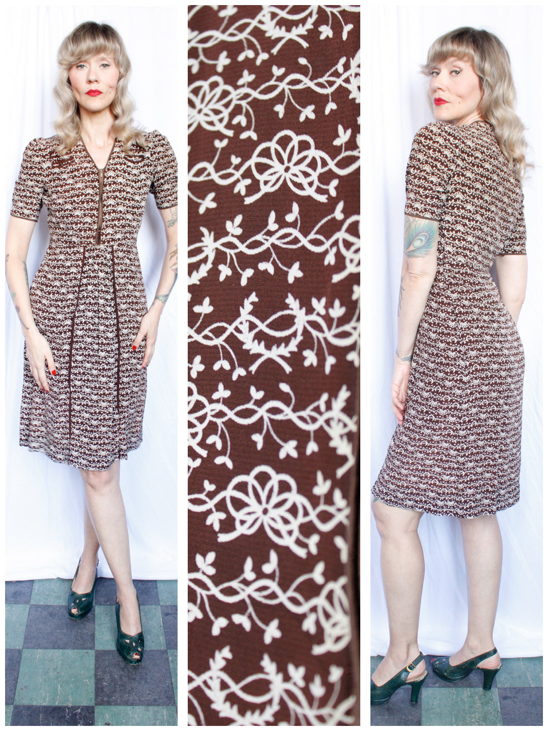 1930s L'Aiglon Brown & White Floral Puff Sleeve Dress - S/M