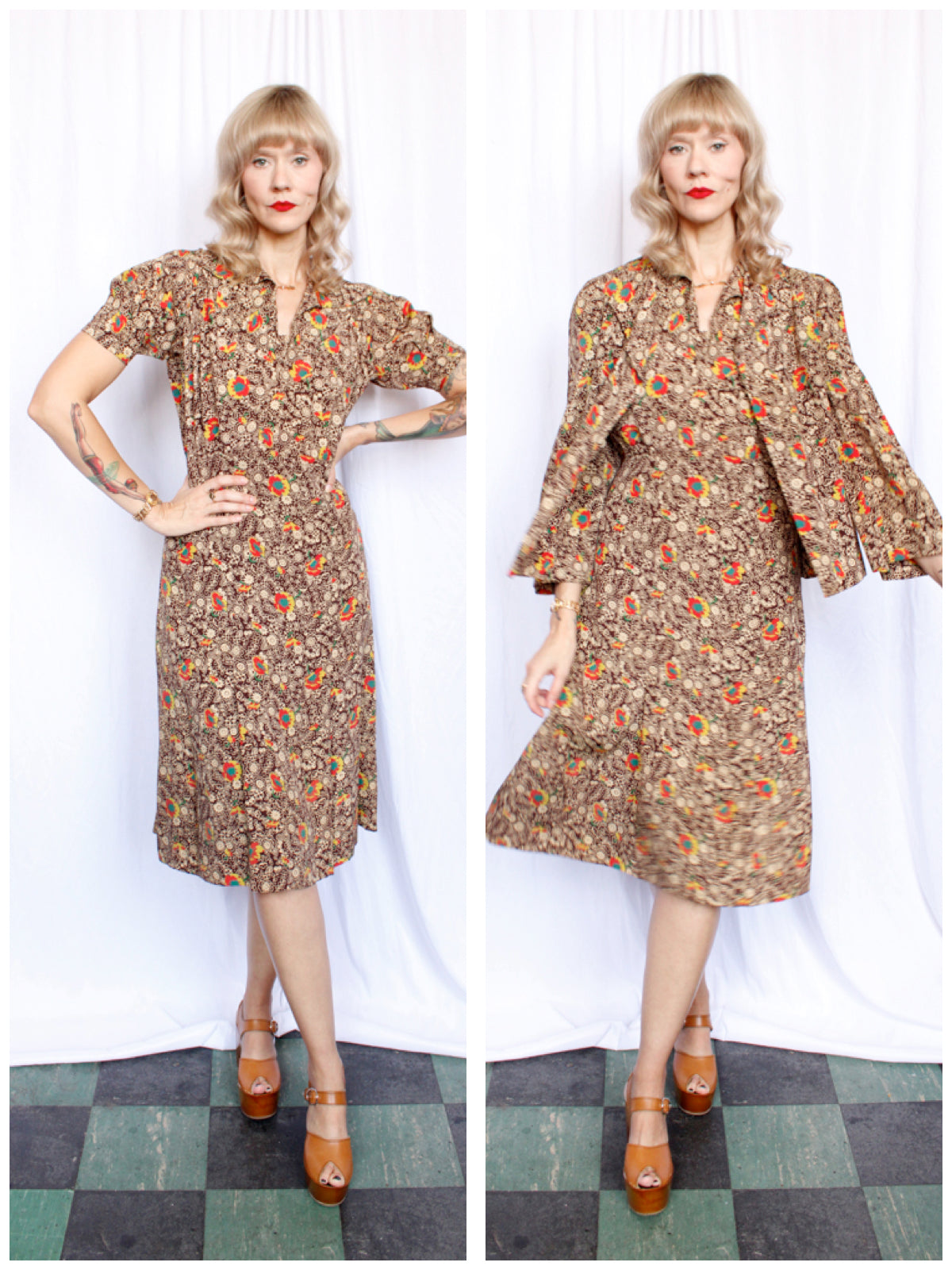 1930s Silk Fall Floral Puff Sleeve Dress and Jacket - Medium