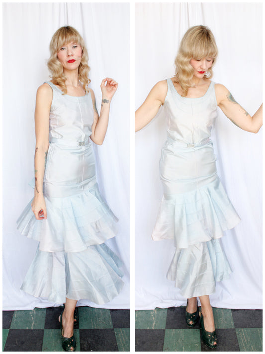 1930s Icy Blue Tiered Taffeta Gown - Xsmall
