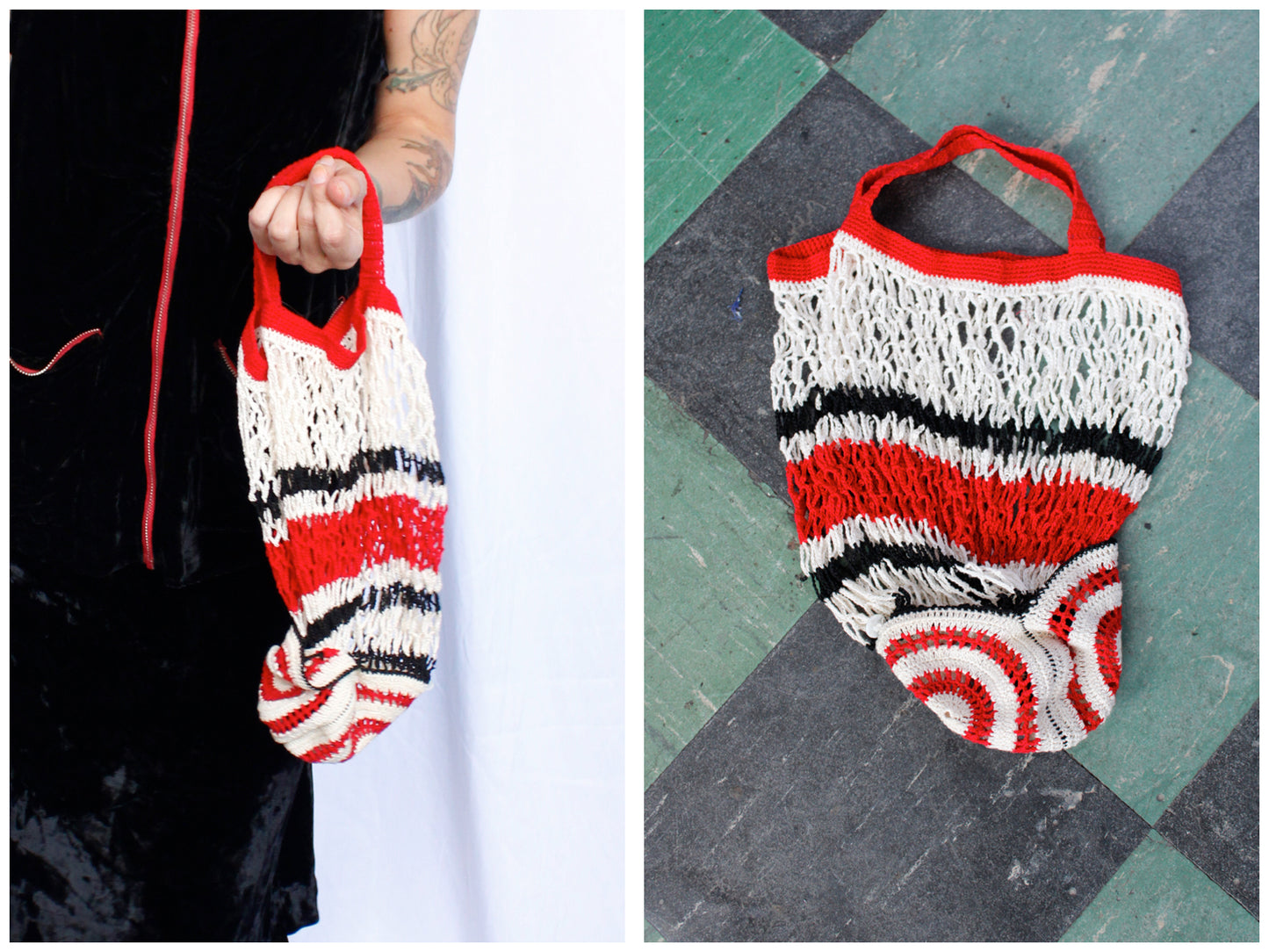 1930s Red White and Black Open Knit Handbag