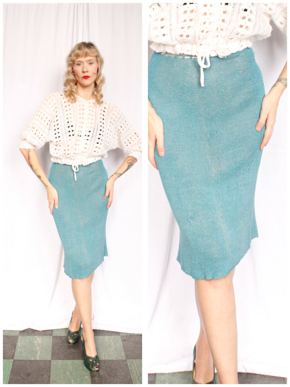 1930s Blue Knit Rayon Skirt - Xs/S