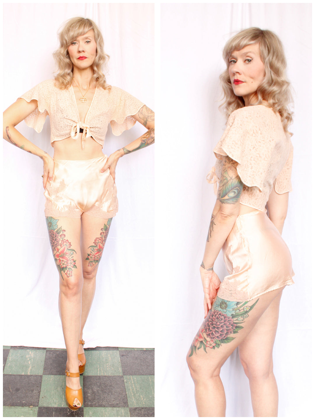 1930s Lace Champagne Cropped Blouse - Medium