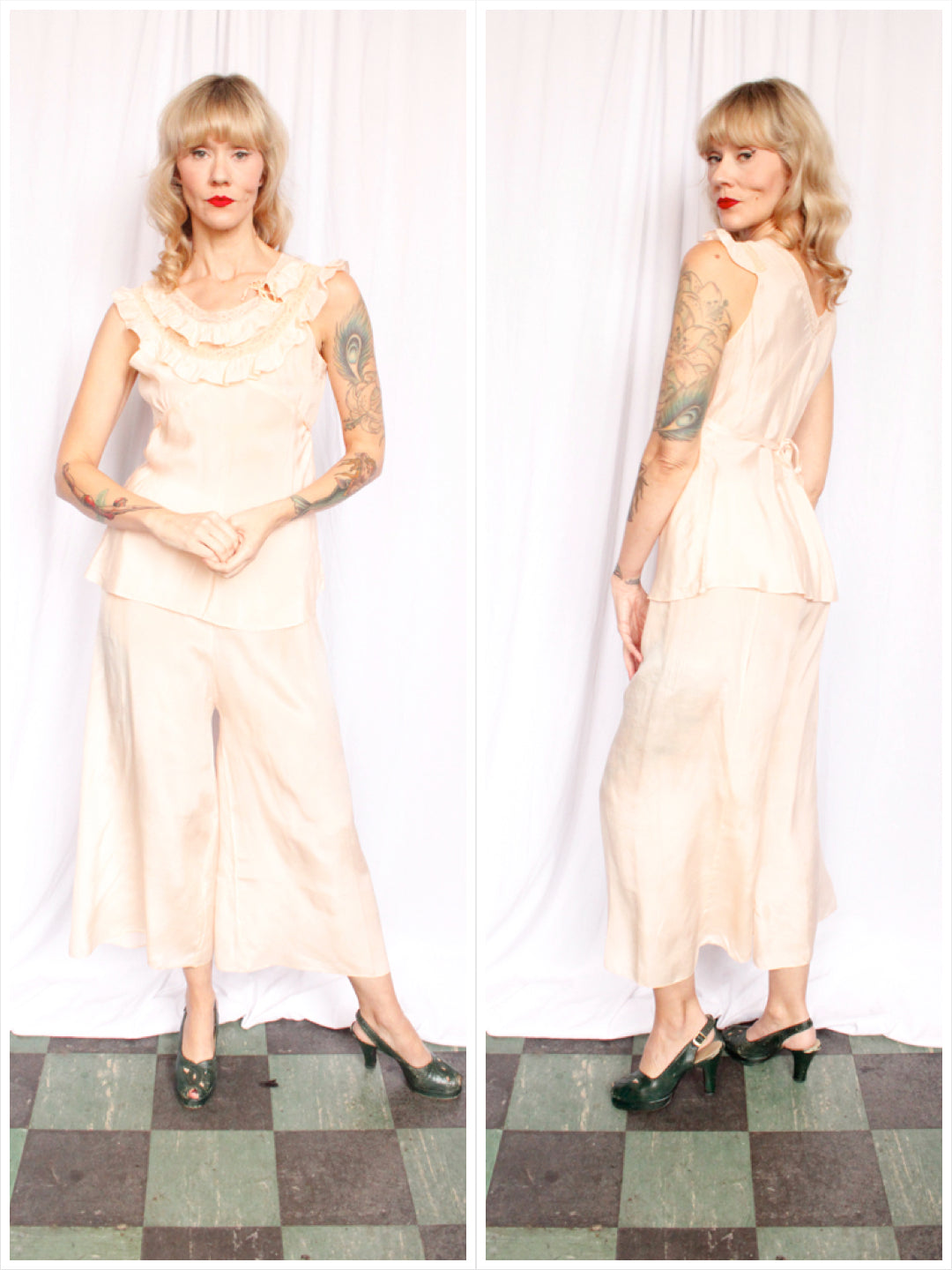 1930s Silk Lounge Blouse & Wide Leg Pant Set - Medium