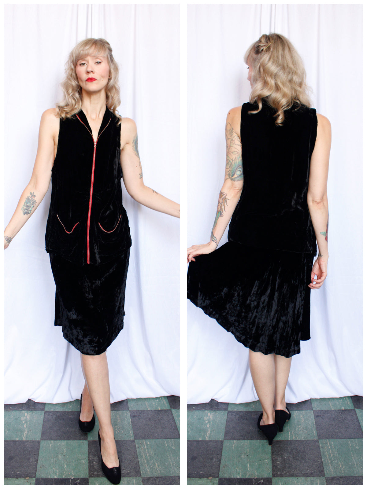 1930s Zippered Velvet Tunic & Skirt - Xsmall