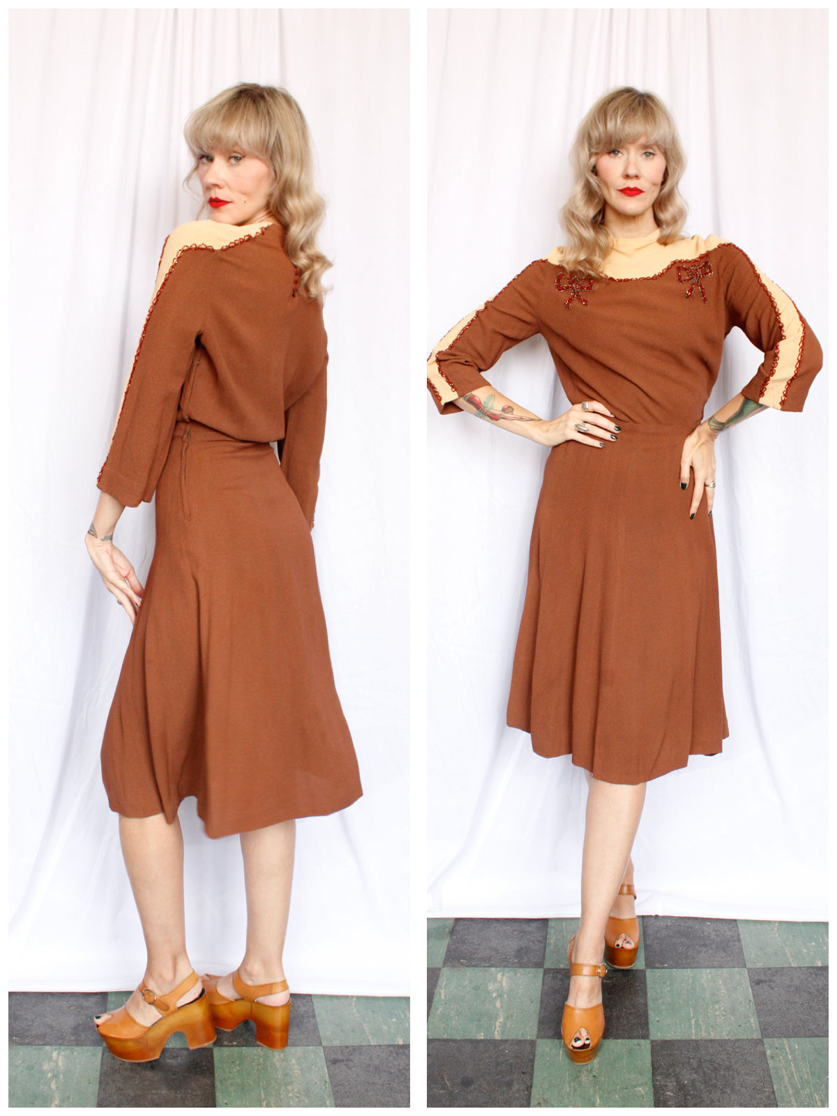 1940s Beaded Bow Crepe Dress - Small
