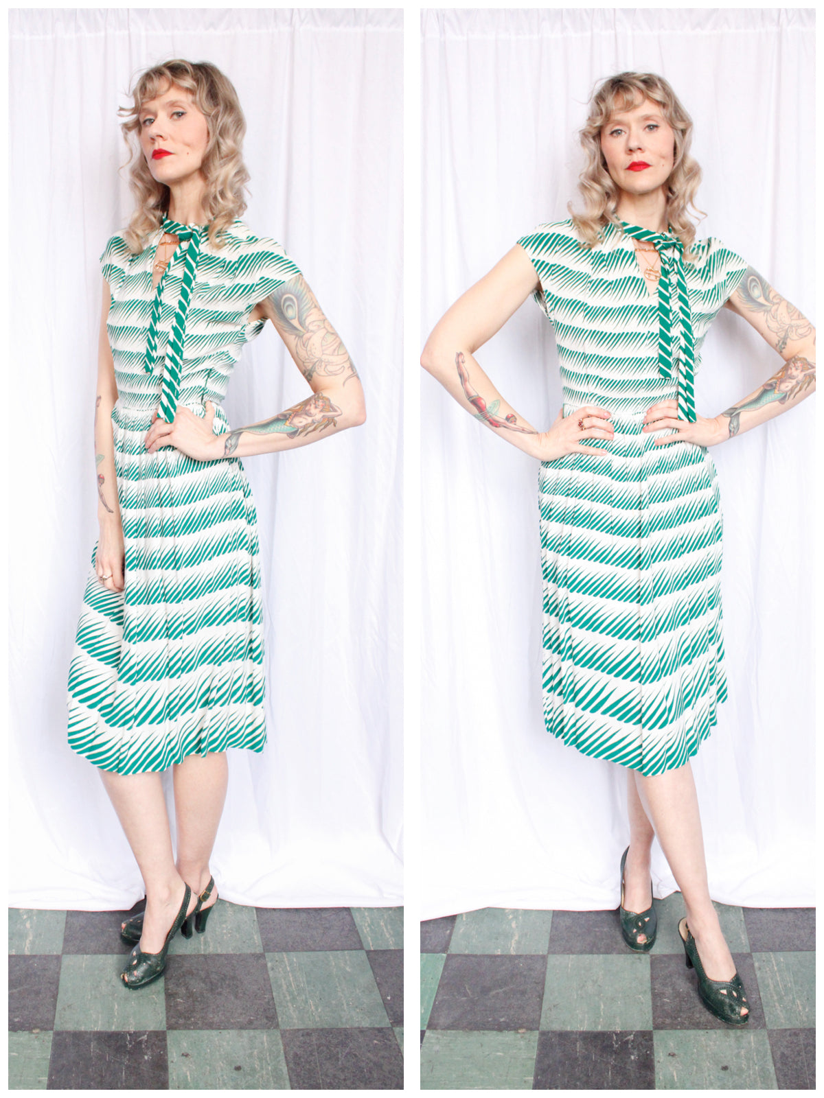 1940s Doris Dodson Green & White Stripe Dress - Small