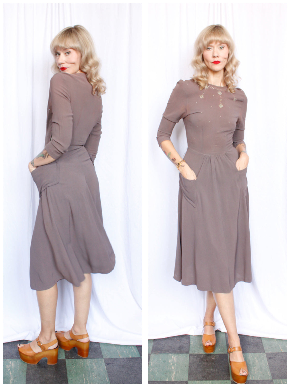1940s Grayish Brown Rayon Studded Dress - Small