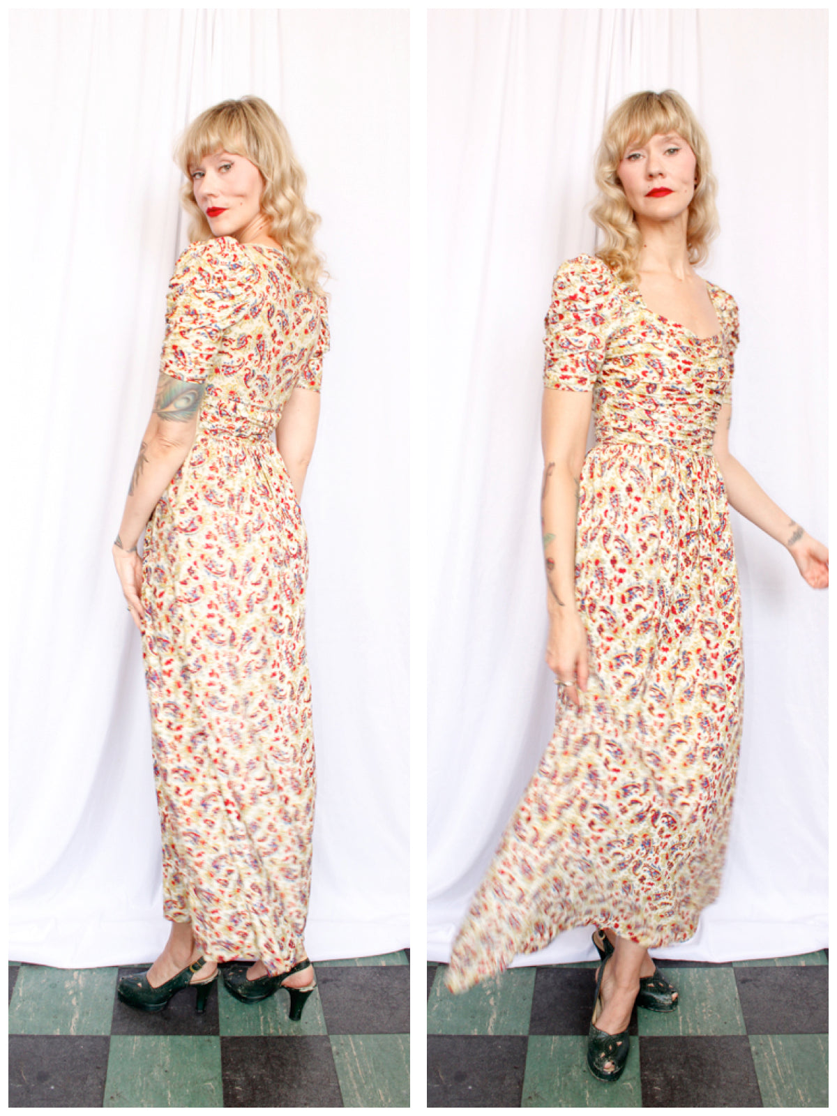 1930s Rayon Jersey Floral Gown - Xsmall