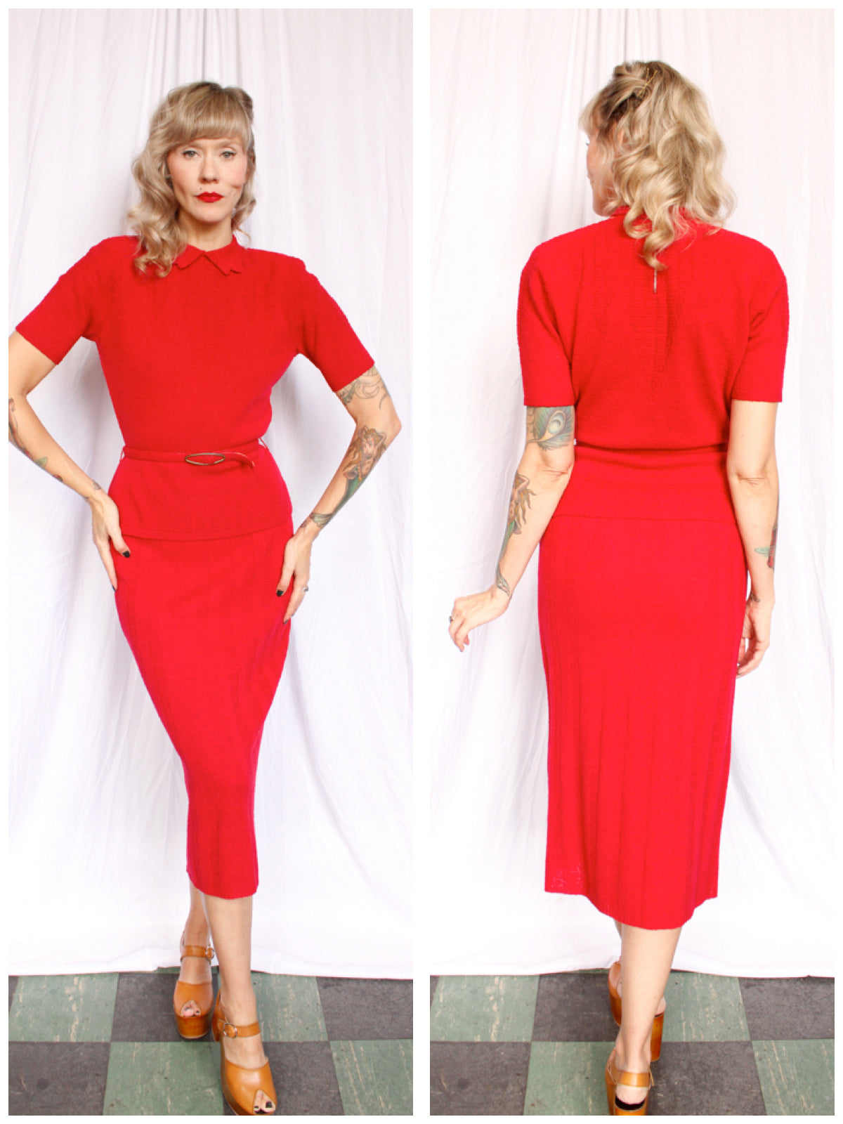 1940s Berry Red Knit 3pc Set Sweater+Skirt+Belt - Med