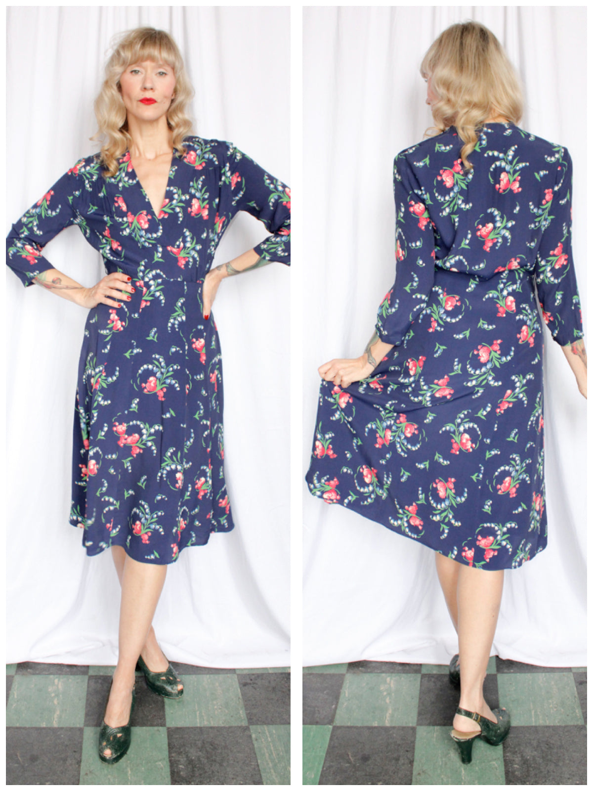 1940s Floral Cold Rayon Dress - Medium