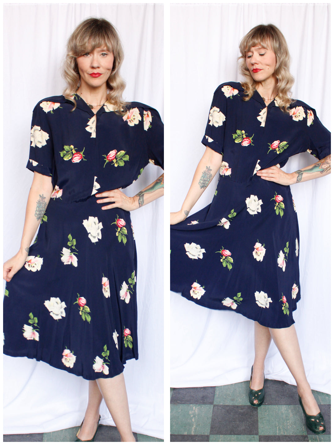 Reserved - 1940s Rose Rayon Swing Dress - Medium