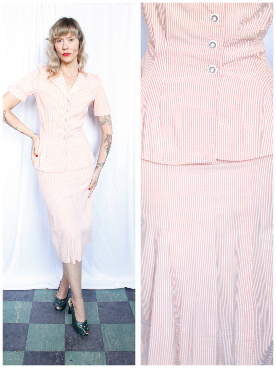 1940s Seersucker Blouse and Skirt Set - Xsmall
