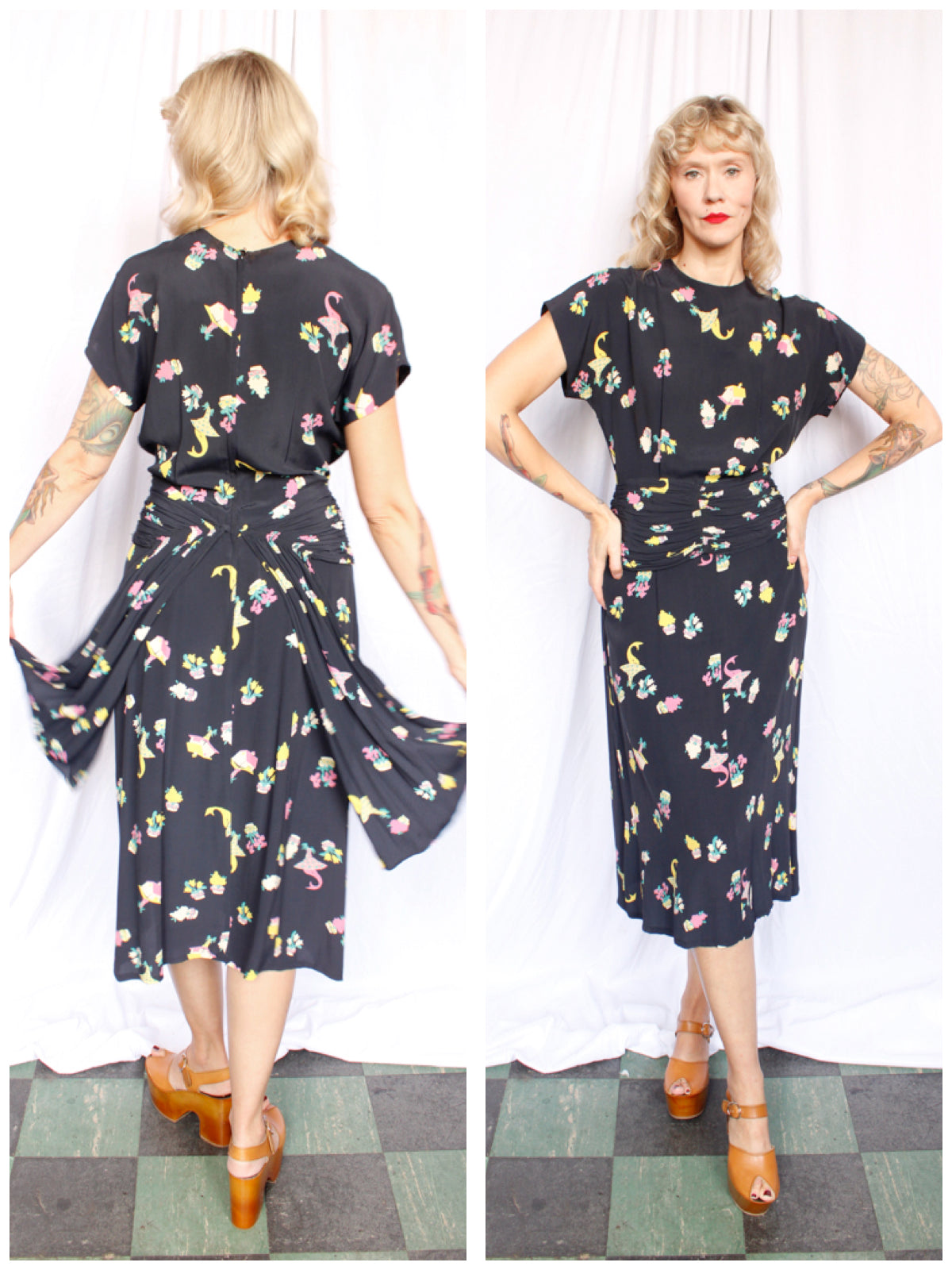 1940s Basket of Flowers Silk Dress - Small