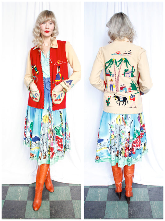 1940s Embroidered Color Block Tourist Jacket - S/M 