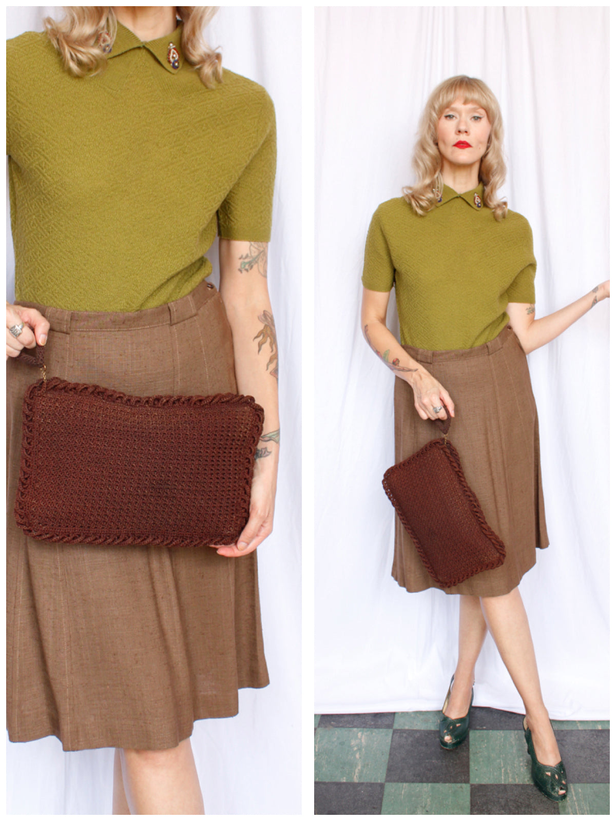 1940s Dark Brown Knit Cordé Handbag
