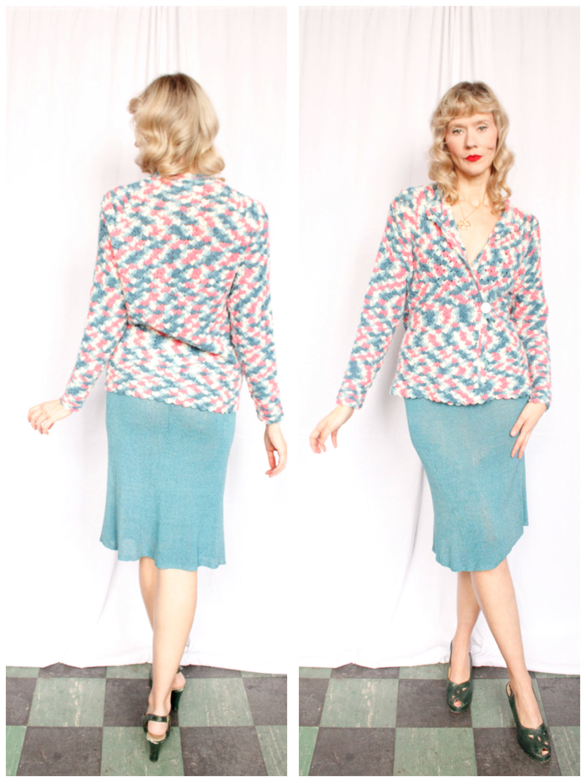 1940s Pink & Blue Crochet Sweater - Med to Large