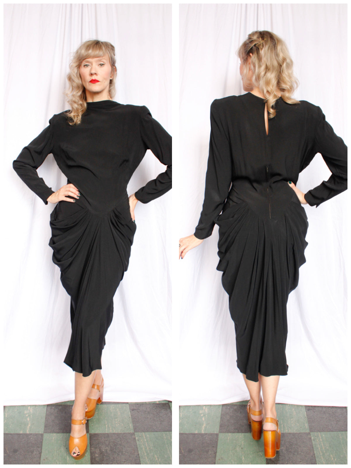 1940s Blade Runner Black Rayon Dress - Medium