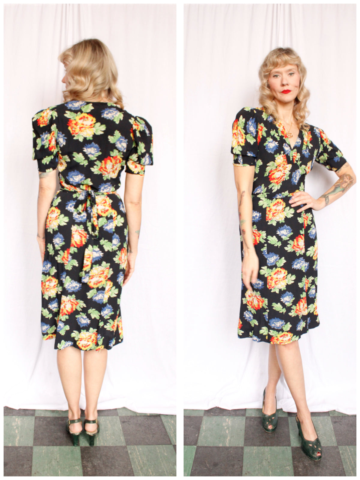 1940s Floral Puff Sleeve Rayon Dress - Small