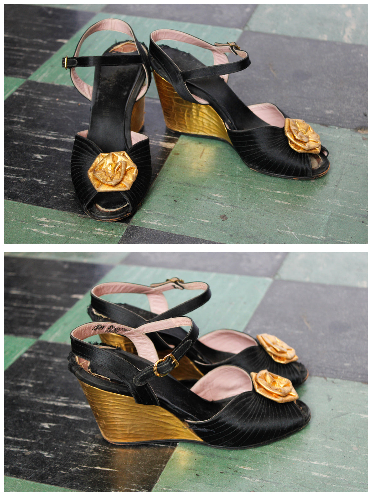 1940s Gold Silk and Leather Wedges - 5.5M