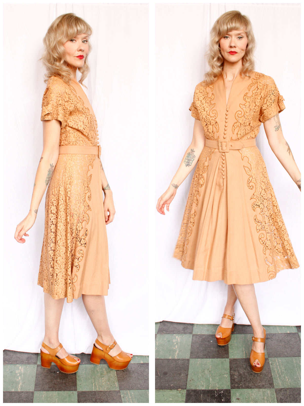 1940s Caramel Linen & Lace Dress - Medium