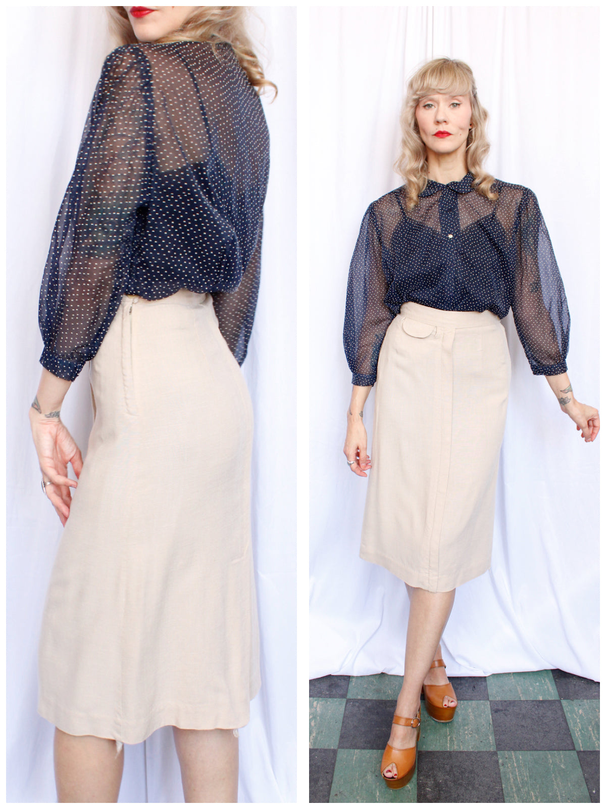 1940s Beige Linen Pencil Skirt - Small