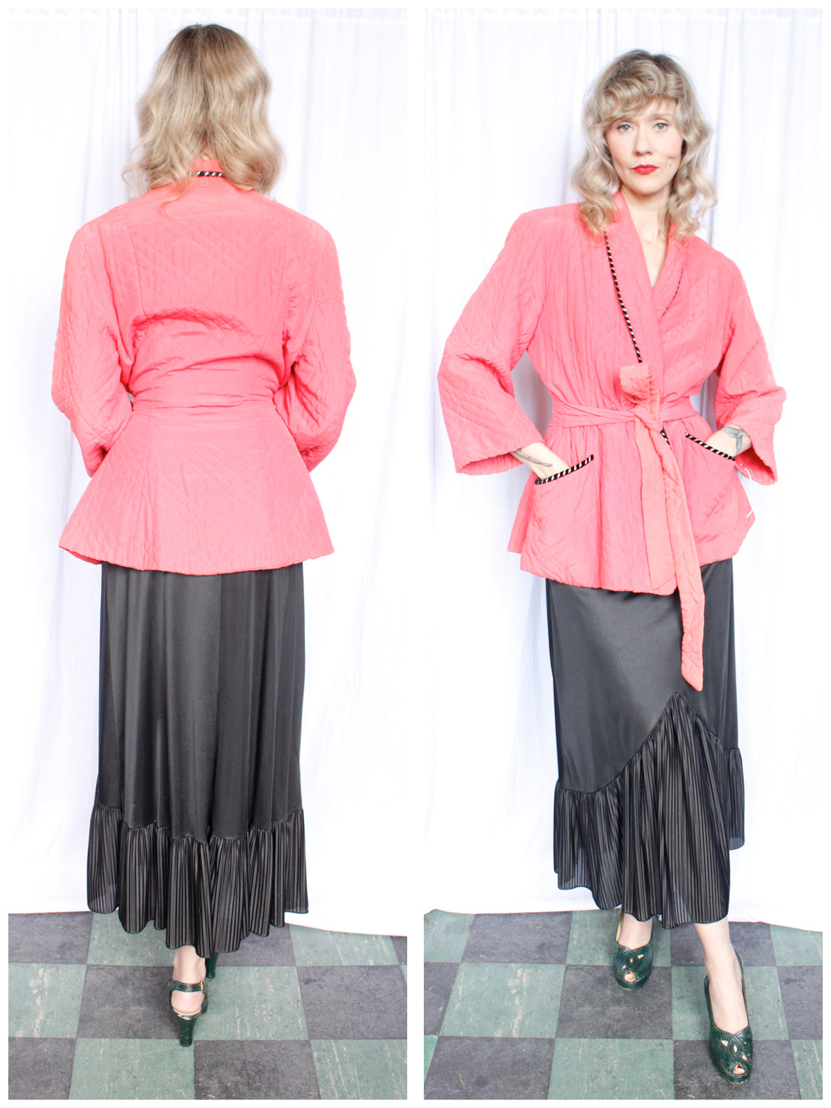 1940s Pink & Black Quilted Lounge Jacket - M/L