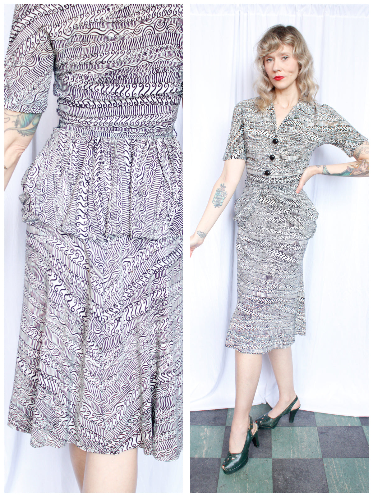 1940s Black & White 2pc Rayon Crepe Suit - Xs