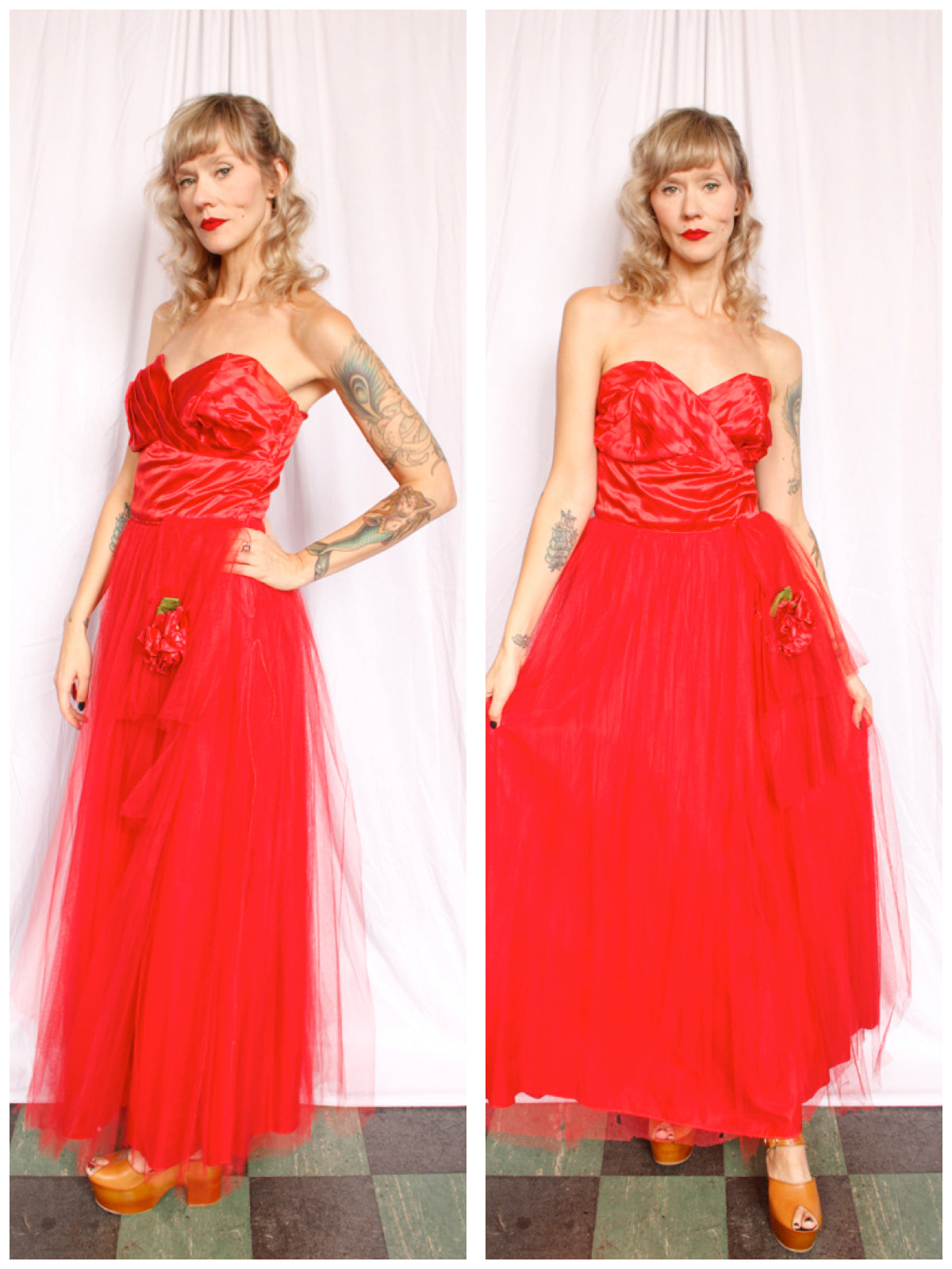 1940s Red Formal Tulle Strapless Gown - Medium