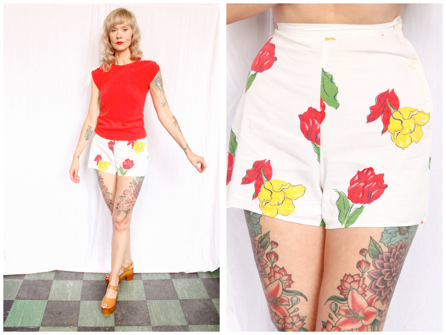 1940s Rose Print Cotton Shorts - XXS