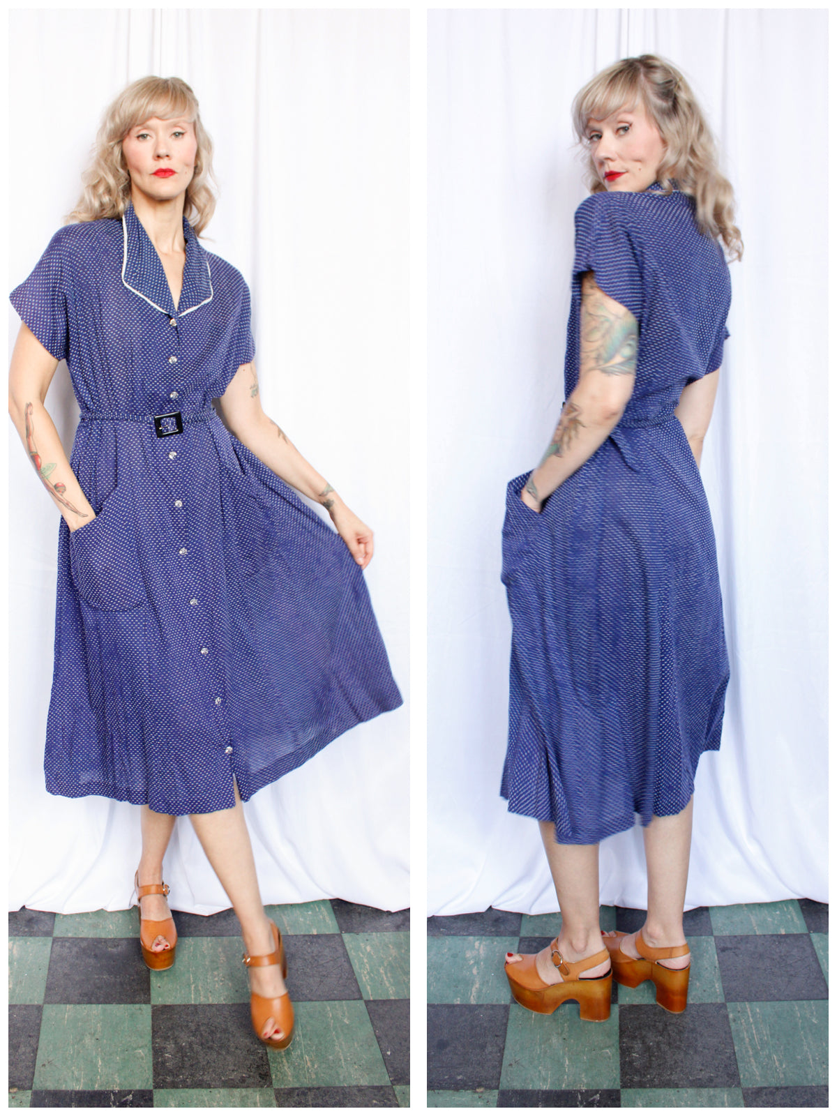 1940s Swiss Dot Blue & White Dress - XLarge