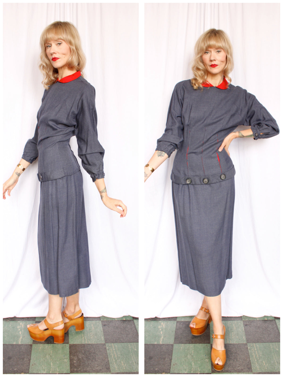 1950s Blue & Red Blouse & Skirt Set - Small