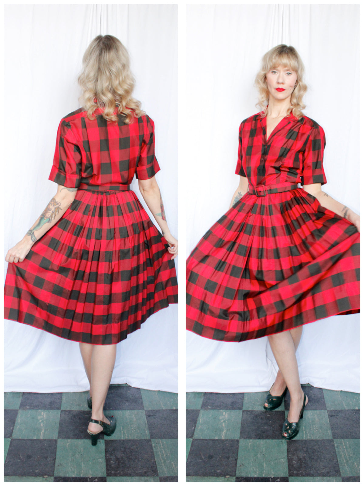 1950s Buffalo Plaid Silk Dress - Medium