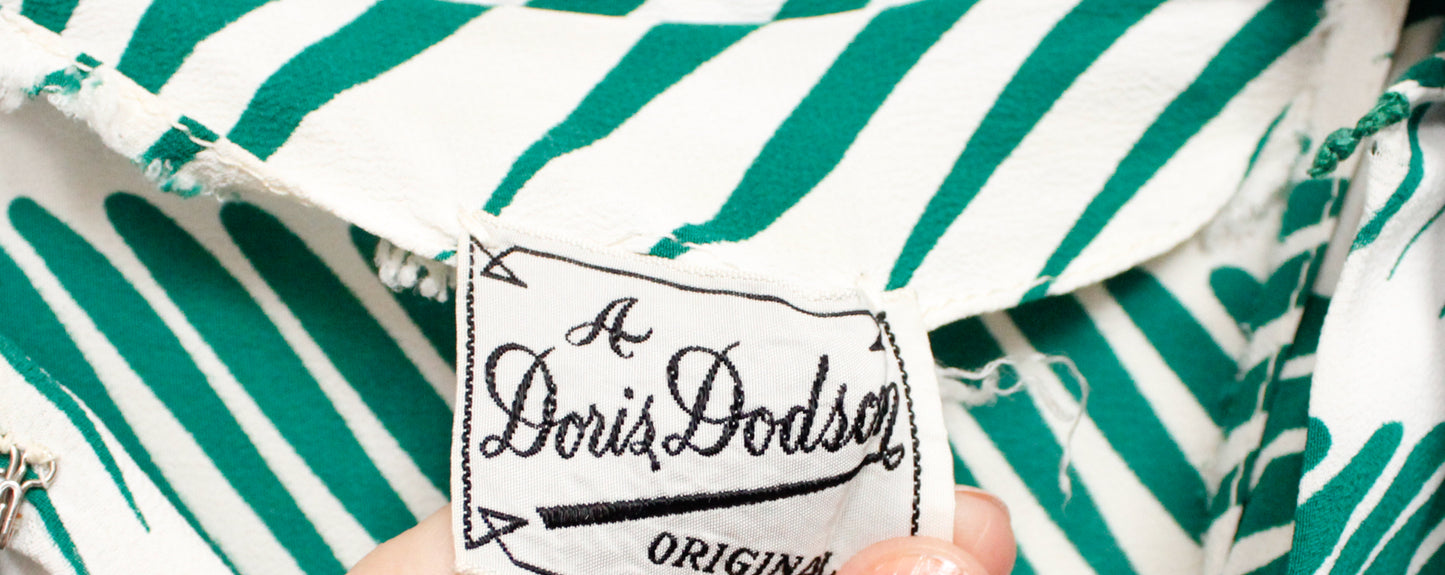 1940s Doris Dodson Green & White Stripe Dress - Small