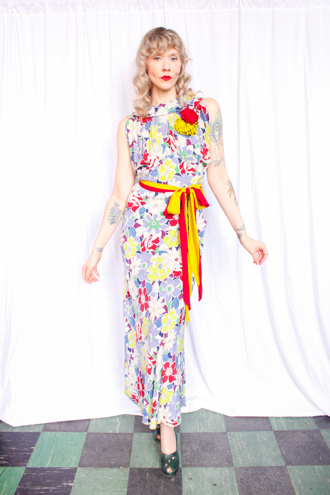 1930s Summer Floral Rayon Gown - S/M