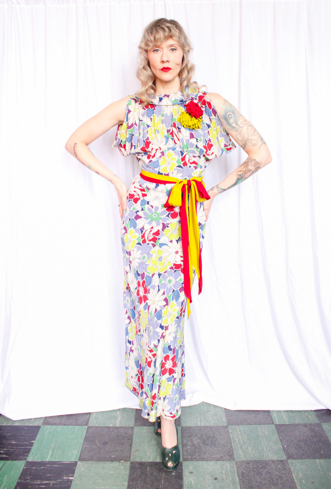 1930s Summer Floral Rayon Gown - S/M