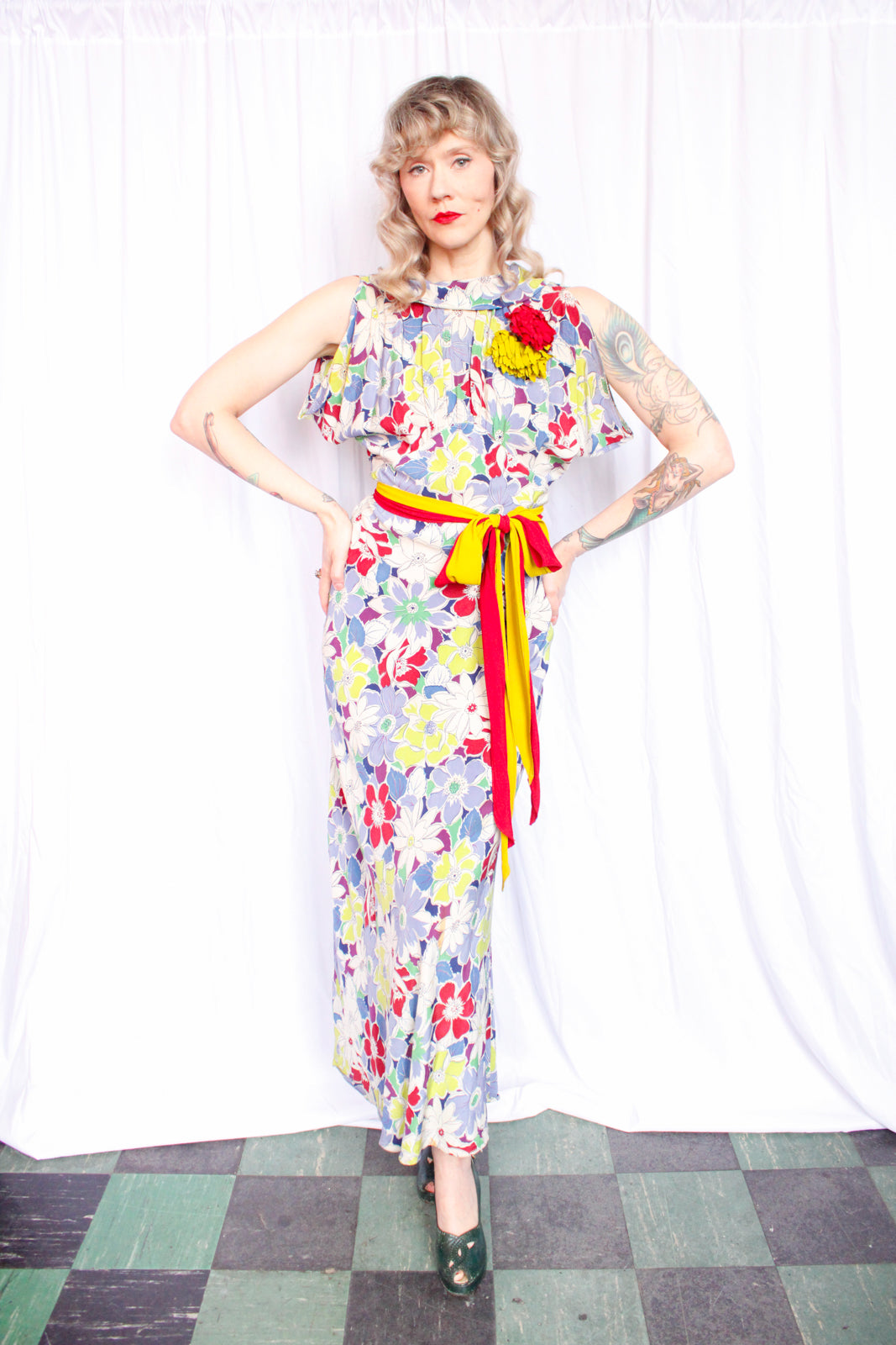 1930s Summer Floral Rayon Gown - S/M