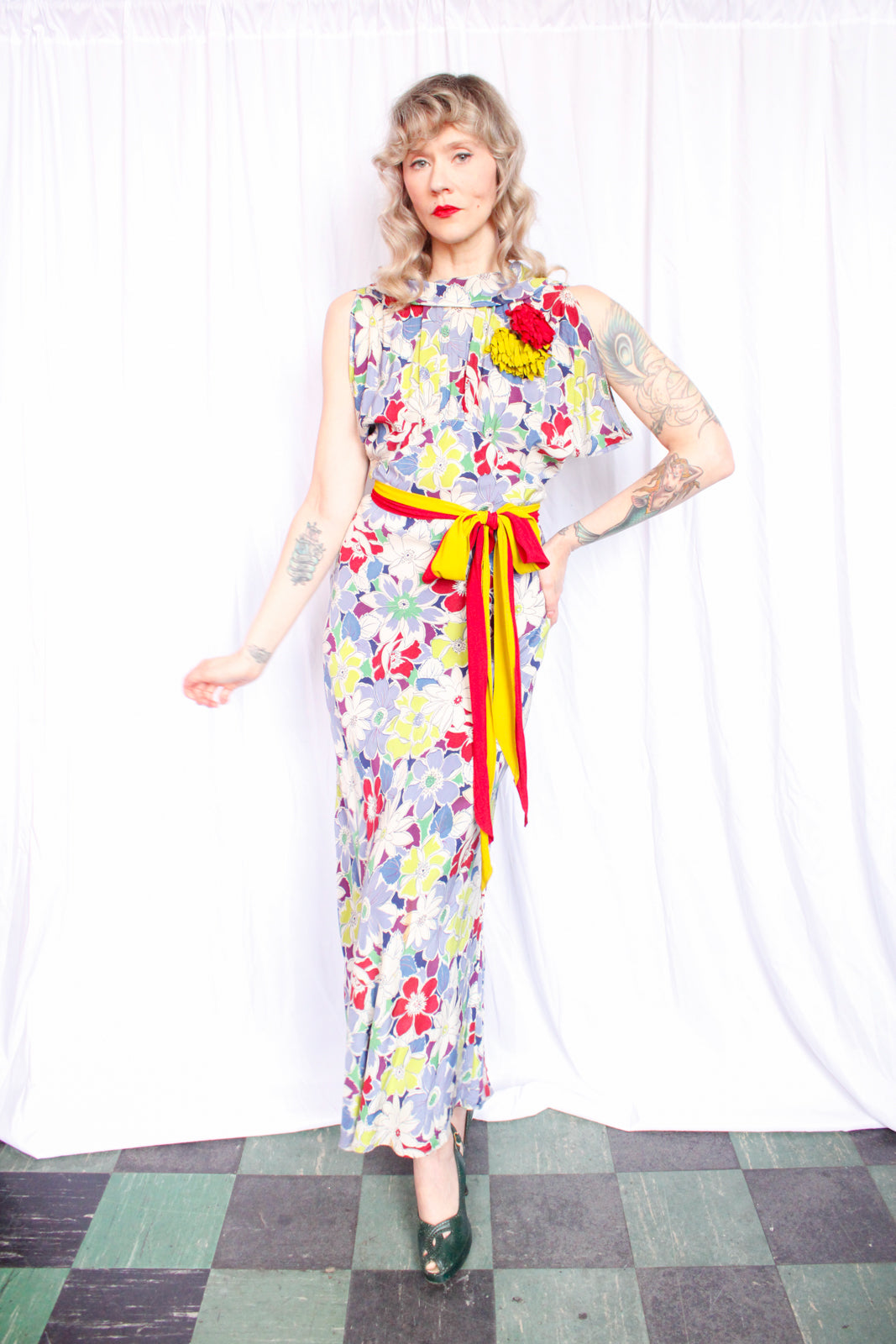 1930s Summer Floral Rayon Gown - S/M