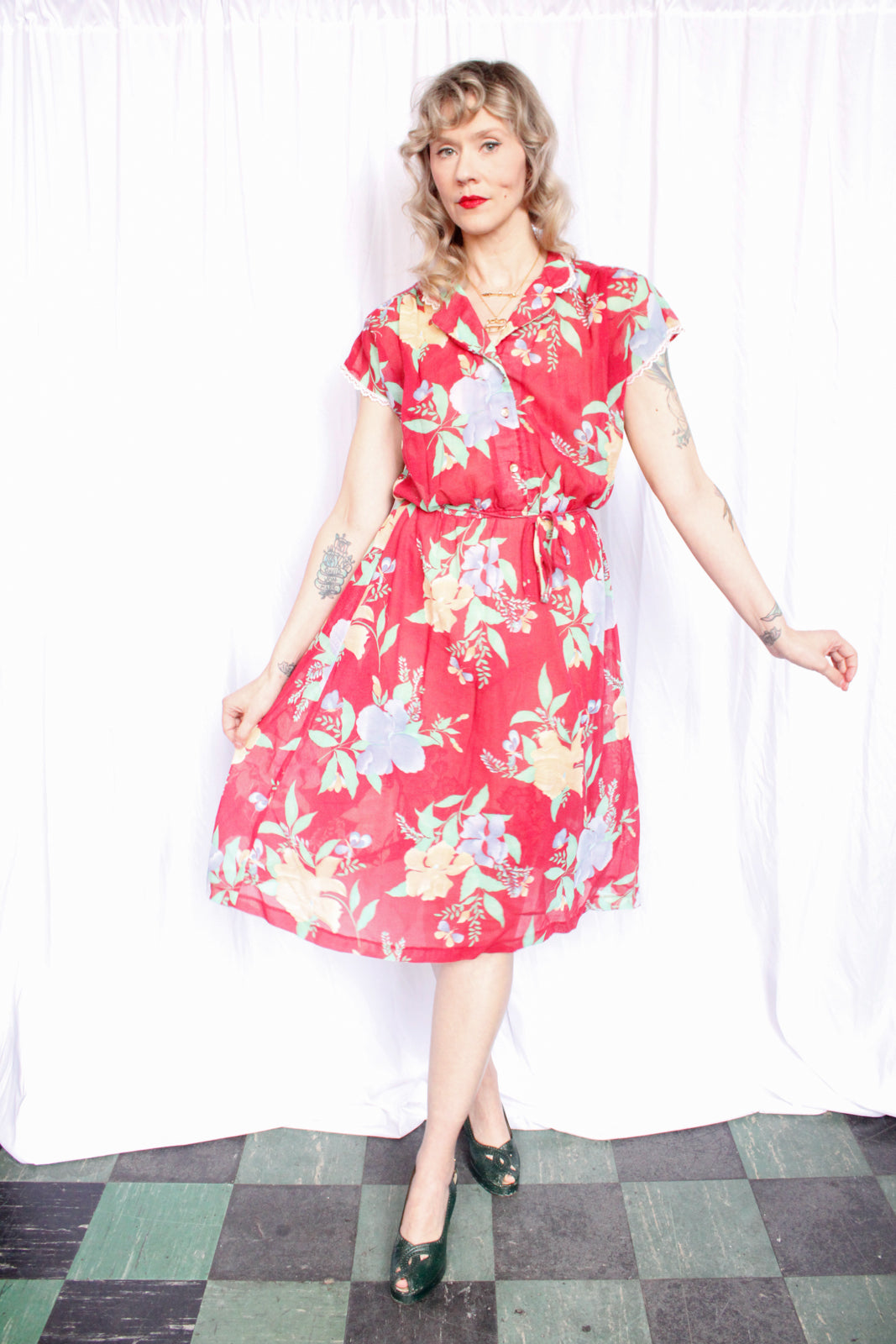 1980s Red Floral Dress - Medium