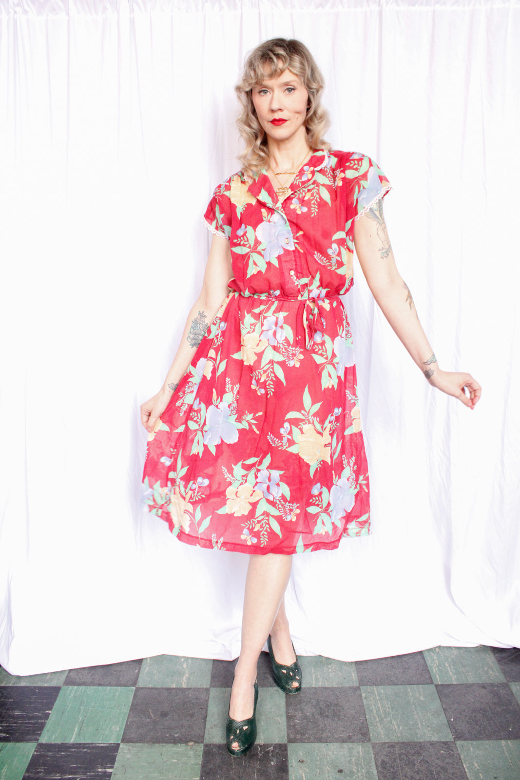 1980s Red Floral Dress - Medium