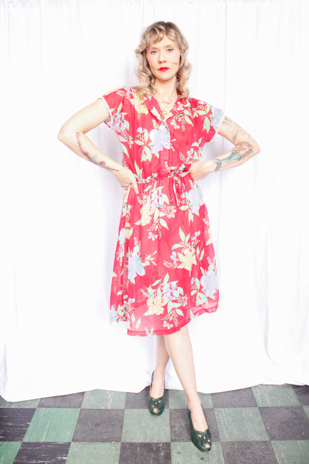 1980s Red Floral Dress - Medium