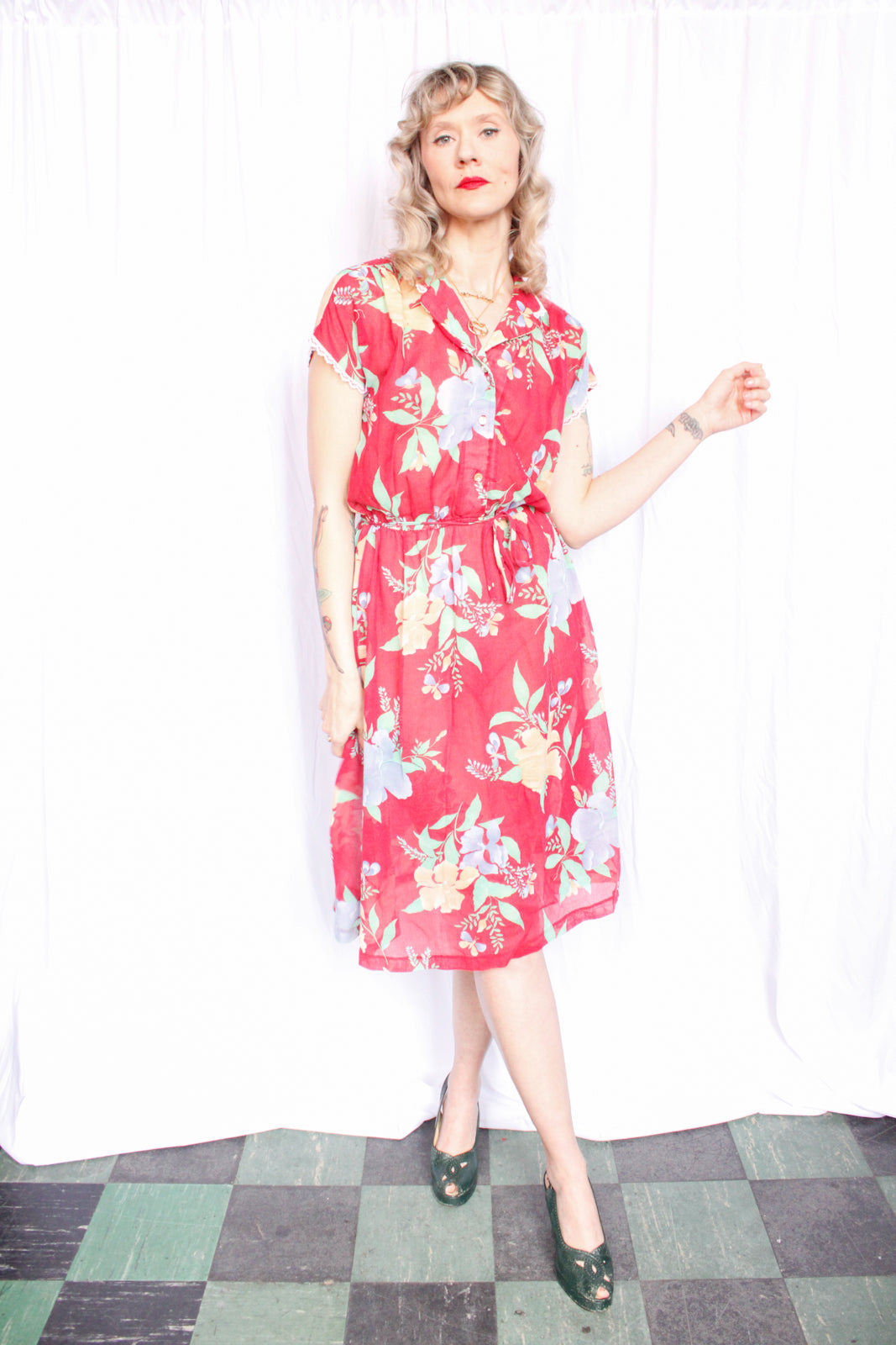 1980s Red Floral Dress - Medium