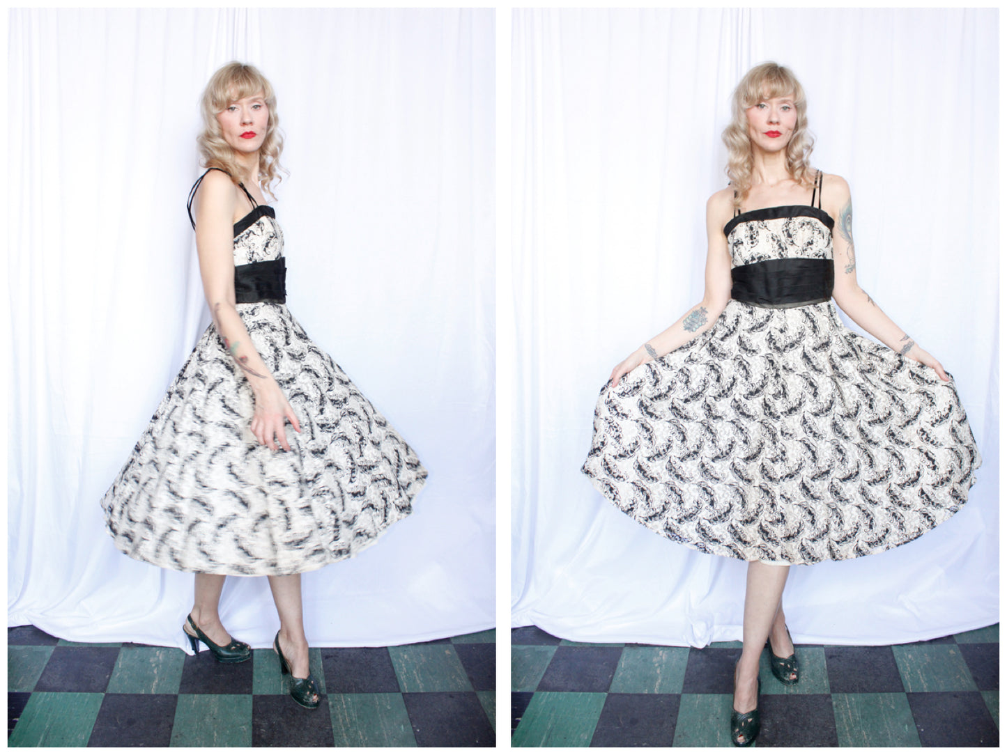 1950s Feather Pattern Lace Cocktail Dress - Small