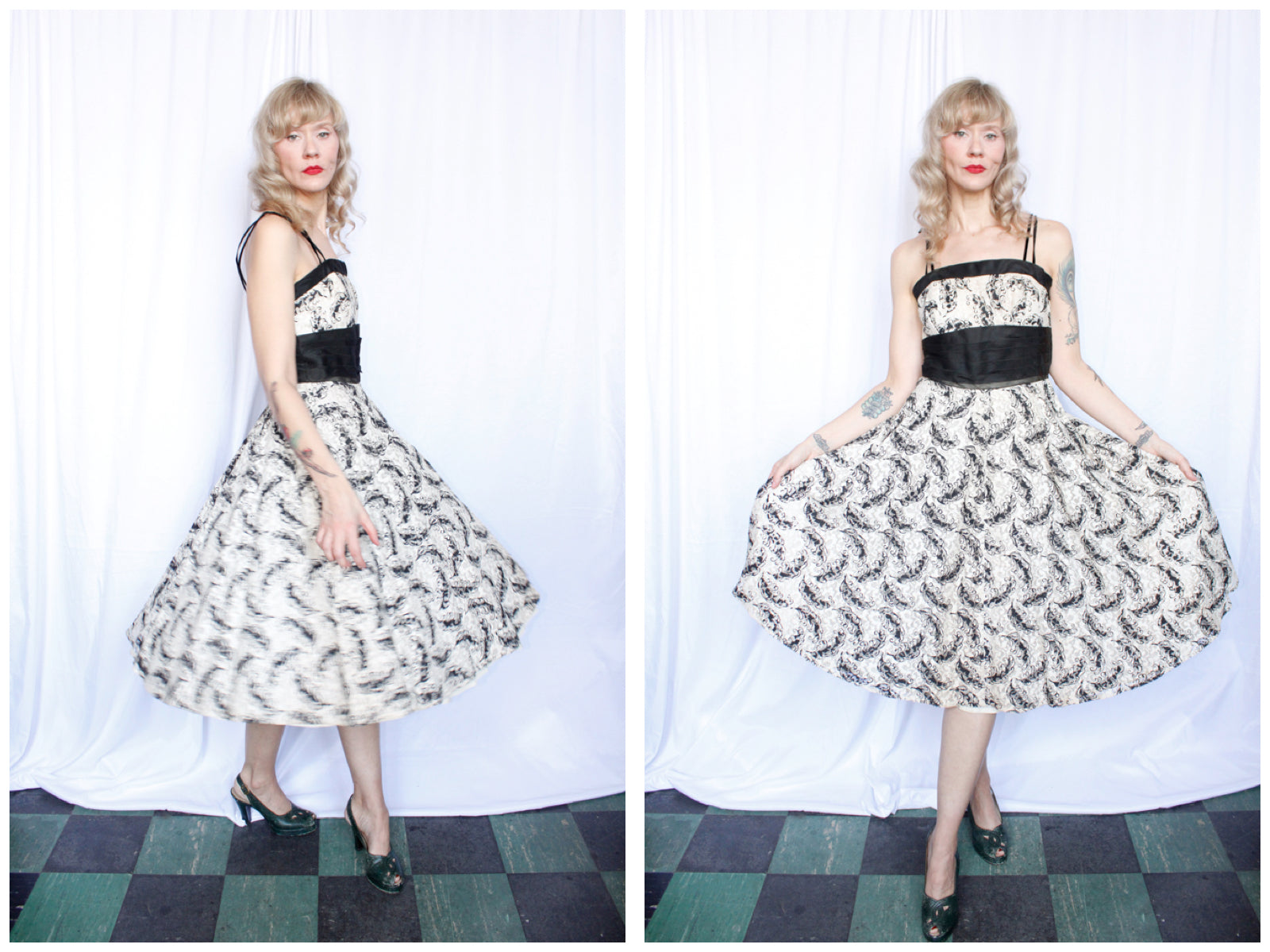 1950s Feather Pattern Lace Cocktail Dress - Small